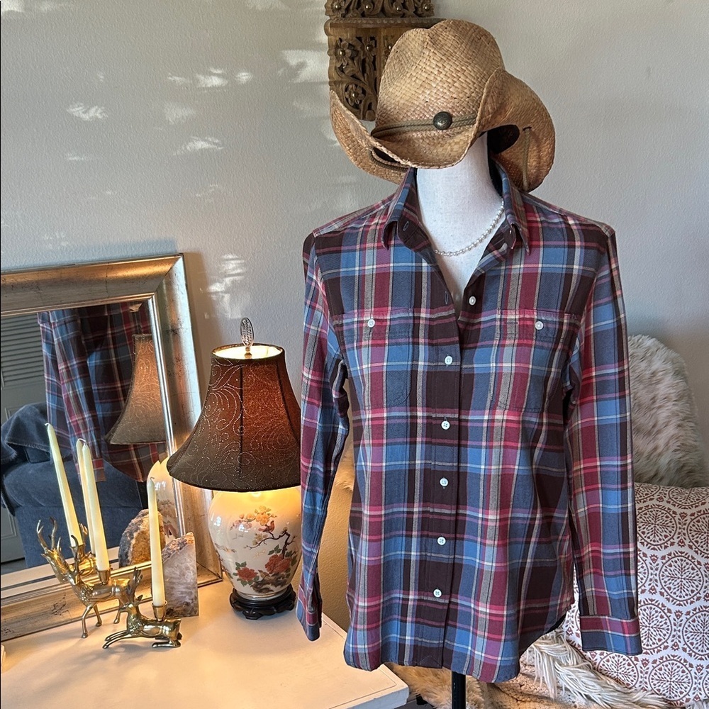 Ralph Lauren, brown blue rose plaid button-down, cotton western shirt S